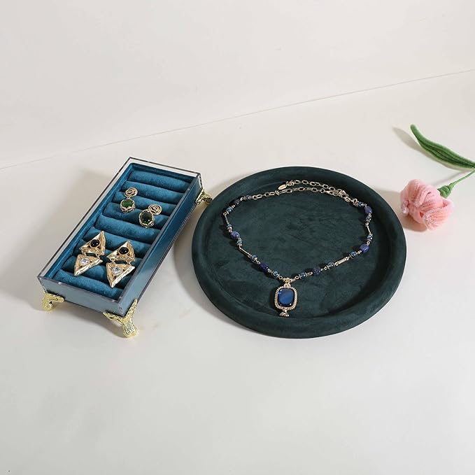 GemeShou Round Jewelry Organizer plate, Top Microfiber velvet Jewerly display tray, Empty Jewelry showcase tray for Necklace Bracelet Ring Earring display stand holder (Green-Large, 9.8 x 9.8 in)