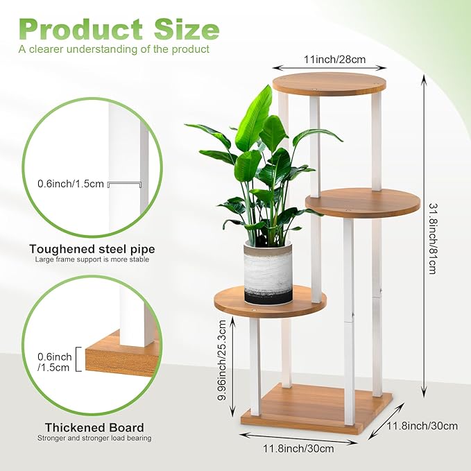 4 Tier Wood Tall Plant Stand Metal Rack Indoor, Multiple Flower Pot Holder Shelves Corner Rack, Round Planter Shelf Display Rack Storage Organizer for Patio Living Room Balcony(White)