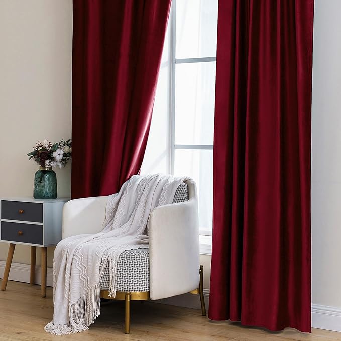 MIULEE Velvet Curtains 63 inch Length 2 Panels - Luxury Blackout Curtains for Bedroom Living Room Thermal Insulated Super Soft Christmas Decoration Window Drapes Rod Pocket & Back Tab, Burgundy Red