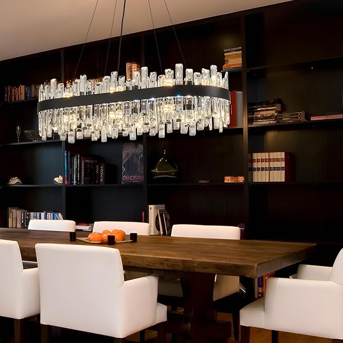 Rectangle Crystal Chandeliers, L35.4 inch 16-Light Black Chandelier Lighting Fixture, Height Adjustable Rectangular Oval Light for Dining Room Kitchen Island