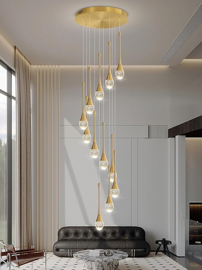 12-Lights Staircase Chandelier Gold Pendant Light Fixture for Sloped High Ceiling Raindrop Chandelier for Living Room Foyer Hallway Villa