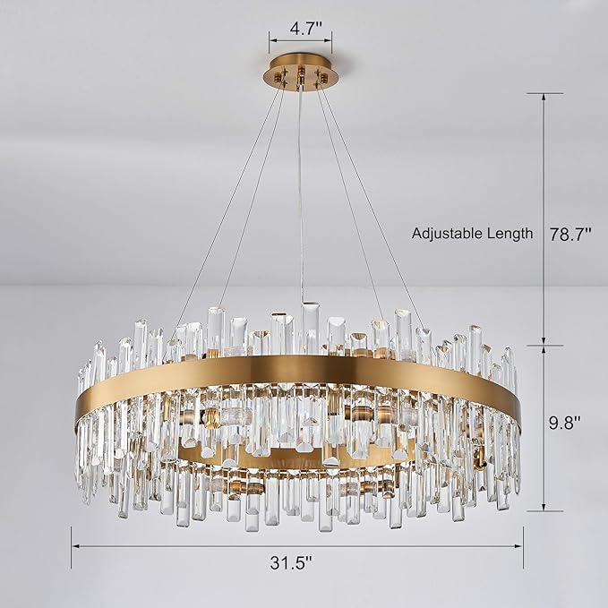 Round Crystal Chandeliers, D31.5 inch 16-Light Brass Gold Chandelier Lighting Fixture, Height Adjustable Pendant Ceiling Light for Living Room Dining Room Bedroom