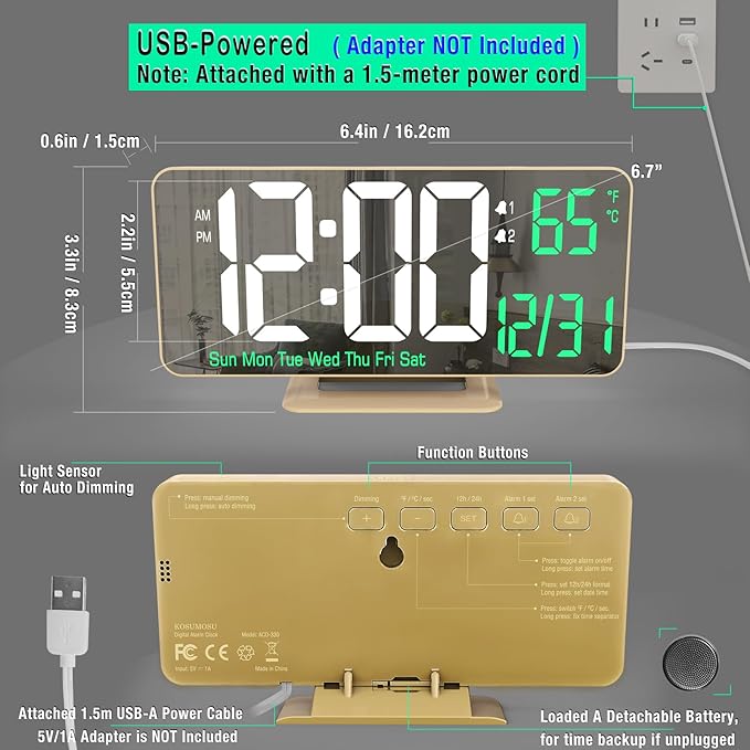 KOSUMOSU Desk Clock for Bedroom Accessories 6.7in Gold Digital Alarm Clock with Dimming,12/24h, Date, Day of Week, Temp, LED Clock, Modern Digital Calendar Clocks for Living Room Essentials