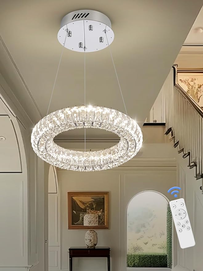 Modern Crystal Chandelier Dimmable LED 7.8" Ring Pendant Light Adjustable Round Chrome Crystal Chandelier Light Fixtures for Dining Room Living Room