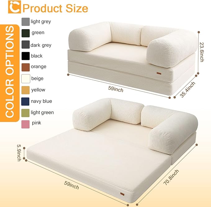 COMAX Folding Sofa Bed Queen, 4-in-1 Foldable Floor Couch Convertible Futon Sofa with Armrests Sleeper Mattress Chair Bed Comfy Portable Fold Out Lounge Guest for Living Room Bedroom, Beige
