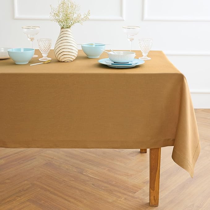 Solino Home Linen Tablecloth 52 x 52 Inch - 100% Pure Linen Caramel Square Tablecloth - Fete, Machine Washable Table Throw for Fall, Autumn, Thanksgiving