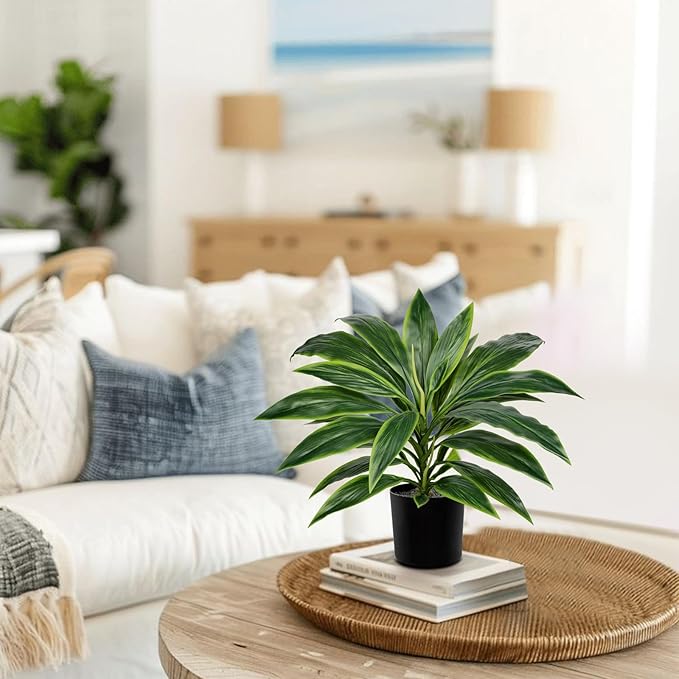 Artificial Plants Indoor with Pot, 18.1" Fake Potted Plants Medium Artificial Dracaena Plant in Black Pot Faux Tropical Plants for Bathroom Living Room Office Desk Shelf Decor