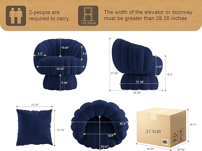 Mid Century Modern 360 Degree Barrel Swivel Accent Sofa Chair,Fluffy Velvet Fabric Lounge Wide Upholstered Pumpkin Reading Chair, Round Cloud Armchair for Living Room,Bedroom,Vanity(Navy Blue)