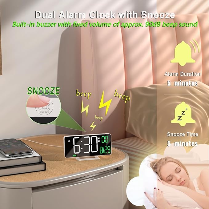 KOSUMOSU Digital Clock for Bedroom, 6.7" Desk Clock LED with Day of Week, Auto Dimming,Indoor Temperature, Clocks for Living Room, Alarm Clocks for Bedrooms