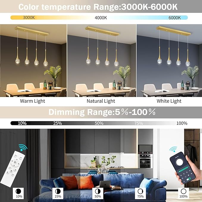 4-Lights Modern Pendant Lights for Kitchen Island LED Dimmable Crystal Glam Ceiling Pendant Lighting Chandelier for Dining Room Hallway Bedroom Gold