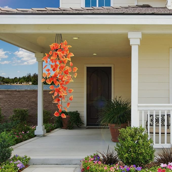 3 Pack Artificial Fall Plants Hanging Orange Vines Potted Fall Foliage Fake Pothos Trailing Plant Autumn Decoration for Indoor Outdoor Thanksgiving Bathroom Wall Kitchen Room Shelf Decor (Black Pot)