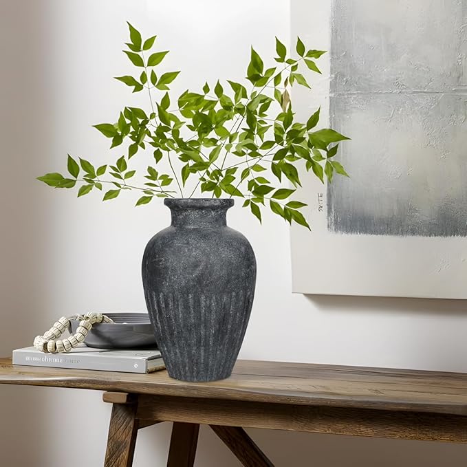 Rustic Ceramic Vase 11 Inch Farmhouse Pottery Clay Vase Distressed Flower Vases for Boho Home Decor Living Room Enterway Shelf Decor Pampas Grass - Gray