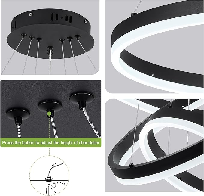 3-Rings D23.6 Modern LED Chandelier Black Dimmable Pendant Lighting with Remote Control Circular Flush Mount High Ceiling Light for Dining Room Living Room Bedroom Entrance Foyer, 3000K-6500K