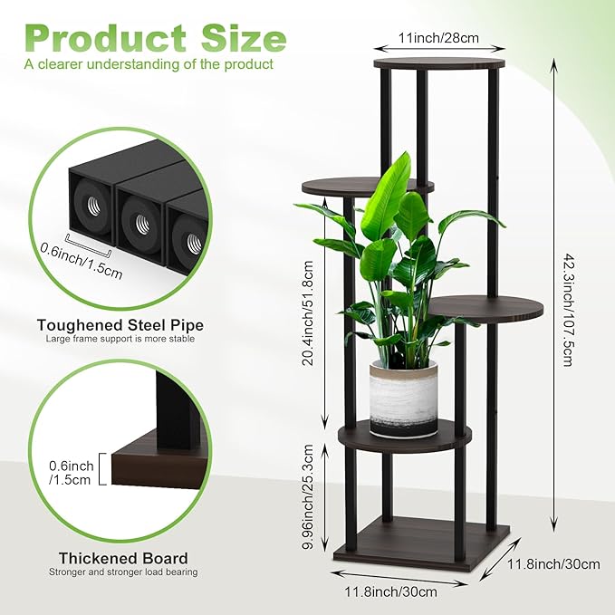 5 Tier Wood Tall Plant Stand Metal Rack Indoor, Multiple Flower Pot Holder Shelves Corner Rack, Round Planter Shelf Display Rack Storage Organizer for Patio Living Room Balcony(Black Oak)