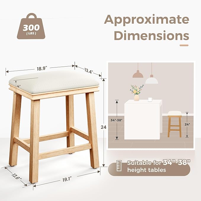 MAISON ARTS Off White Counter Height 24 inch Bar Stools Set of 3 for Kitchen Counter Solid Wood Legs with Faux Leather Padded Seat Farmhouse Barstools for 34"-38" Counter Island Upholstered Stools