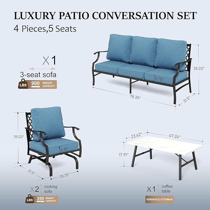 HERA'S HOUSE 4 Piece Patio Furniture Set, 2 x Rocking Metal Frame Cushioned Chair, 3-Seat Sofa with Marbling Coffee Table, Outdoor Conversation Set for Lawn Garden Backyard Poolside, Navy Blue