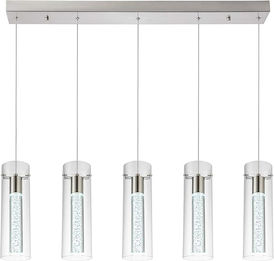 Modern Kitchen Lighting Pendant Fixtures 5-Light LED Pendant Ceiling Fixture Brushed Nickel Bubble Cylinder Pendant Light with Adjustable Length for Kitchen Island Dinning Room Bedroom