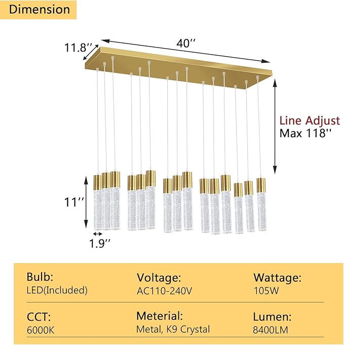 15-Lights Modern LED Pendant Lighting Fixture for Kitchen Island Crystal Chandelier Light Fixtures for Dining Room Living Room Gold