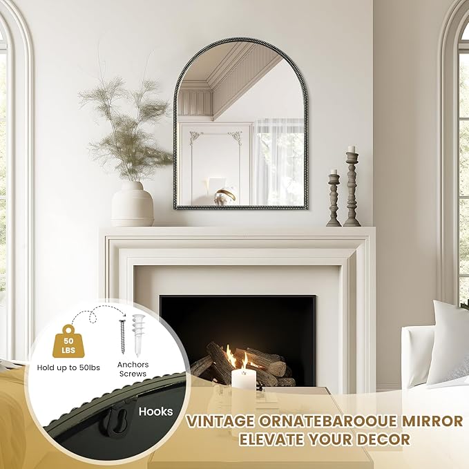 WallBeyond Black Vintage Mirror for Vanity 28x36 Inch, Gold Antique Mirror with Ornate Beaded Frame for Bathroom, Living Room, Fireplace, Entryway