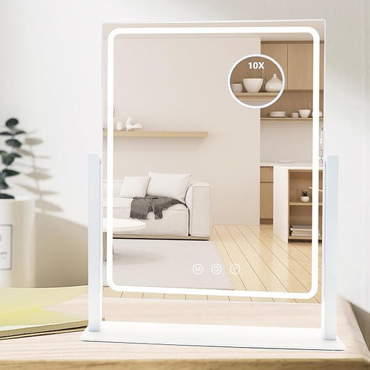 Hollywood Vanity Mirror with Lights, Lighted Makeup Mirror with Detachable 10X Magnification Mirror, 3 Colors, 360°Rotation Rechargeable Desk Makeup Mirror with Lights White