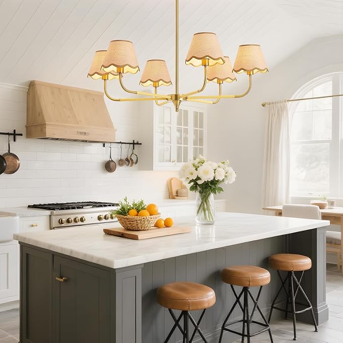 6-Light Boho Rattan Chandelier for Dining Room,37" Farmhouse Chandeliers Light Fixture,Adjustable Height Hanging Pendant Lighting Fixtures for Kitchen Island,Large Hand-Woven Ceiling Lights