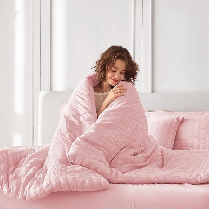 MUXHOMO 5 Pieces Twin XL Comforter Set, Seersucker Bed in a Bag Twin XL Size, All Season Luxury Bedding Set with Comforter, Flat Sheet, Fitted Sheet, Pillowcase & Sham, Pink