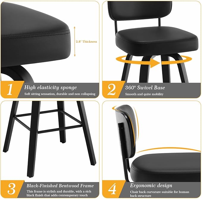 Swivel Bar Height Stools Set of 4, Upholstered Faux Leather Barstools with Back, 29" Seat Height Tall Bar Stools for Kitchen Counter, Black Wood Frame, Black