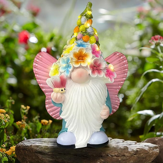 BAYN Garden Gnome Statues Outdoor Decor, Solar Powered Outdoor Gnome with Butterfly Wing Decorative Yard Garden Lights Art Gifts with 11 Warm White LEDs