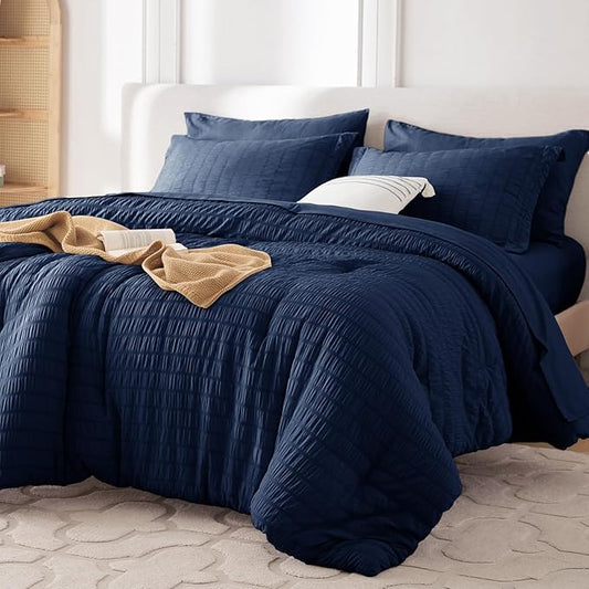 MUXHOMO 7 Pieces Full Comforter Set, Seersucker Bed in a Bag Full Size, All Season Luxury Bedding Set with Comforter, Flat Sheet, Fitted Sheet, Pillowcases & Shams, Navy Blue