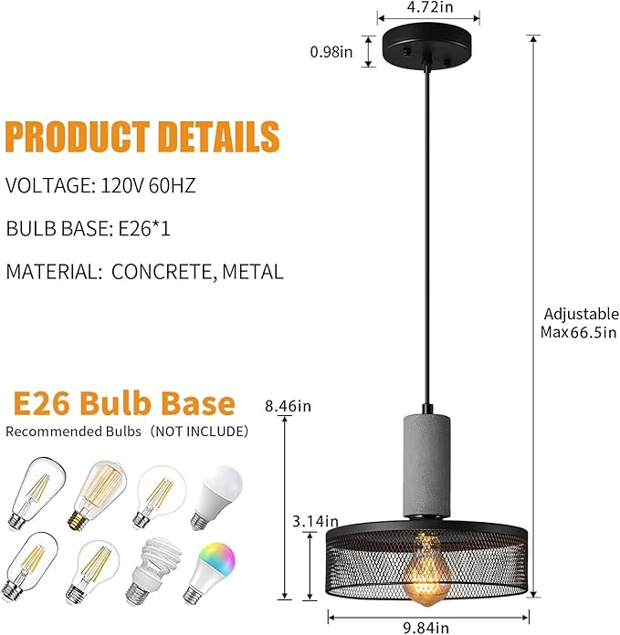 Pendant Light Fixture with Concrete and Black Metal Linear Modern Industrial Hanging Cement Pendant Lighting Kitchen Island for Bedroom Dining Room Living Room Bar(1 Pack)