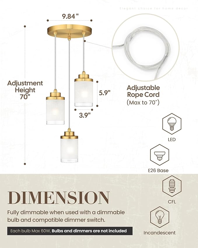 TENGXIN 3-Light Brushed Gold Pendant for Kitchen Island, Hanging Lamp Ceiling Fixture, Glass Light for Bedroom, Farmhouse Pendant for Dining Room