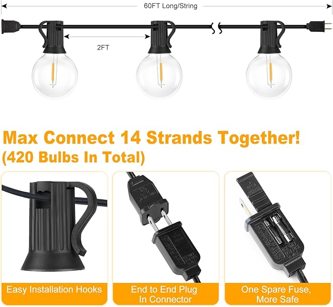 60FT Outdoor G40 LED Globe String Lights Dimmable Waterproof Shatterproof Light Strings with 30 Bulbs Connectable Commercial Hanging Lights for Christmas Patio House Backyard Balcony Party