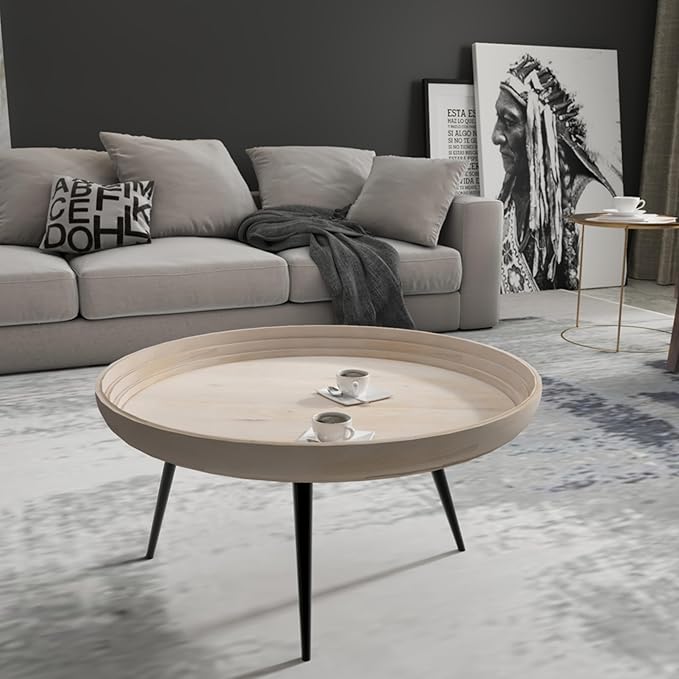 The Urban Port Urban Chic Coffee Table 30 Inch Round Tray Top, Handcrafted Mango Wood, Washed White and Black