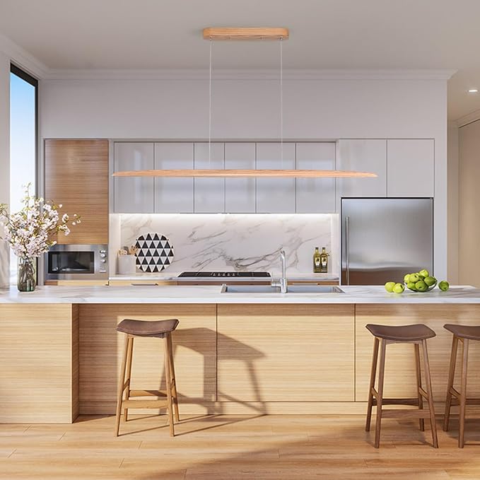 71" 40W Wood LED Linear Pendant Light Fixture Led Dining Room Light Dimmable Hanging Light Fixture for Dining Room Kitchen Island Pool Table Lights Natural Ash