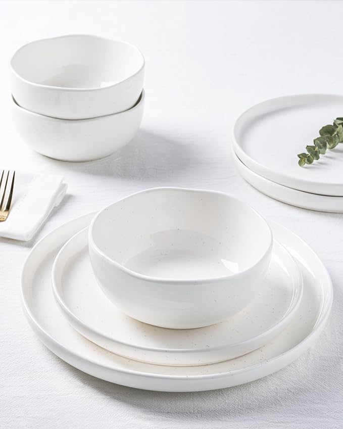 TheTerra Ceramic Dinnerware Sets for 4, 12 Pieces Porcelain Lightweight Plates and Bowls Sets, Scratch Resistant Dish Set, Oven & Microwave & Dishwasher Safe, White Speckled