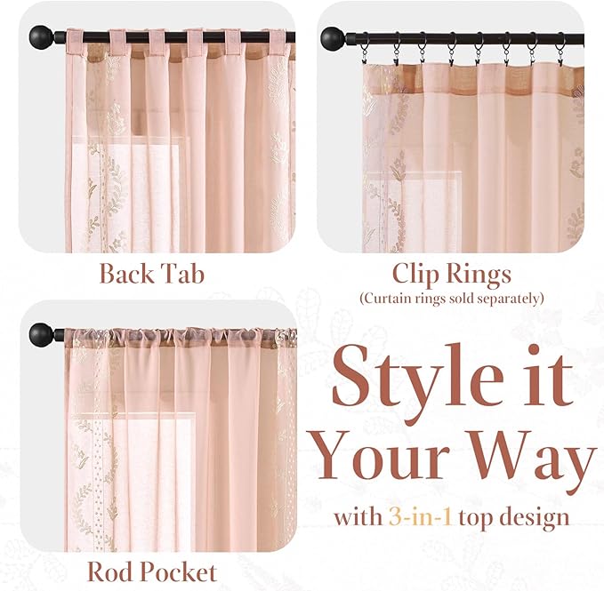 jinchan Belrose Winslow Pink Sheer Curtains 84 Inch for Bedroom Living Room Embroidered Bordered Floral Nursery Curtains for Girls Room Dorm Light Filtering Window Treatments, 2 Panels, W50 x L84