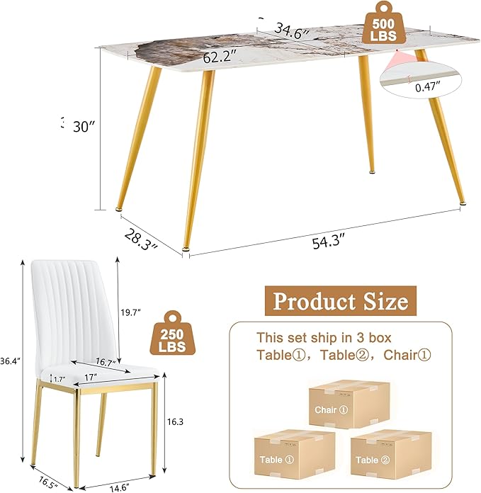 62" Marble Dining Room Table Set for 6 Rectangle Modern Dinner Table with Sintered Stone Top Golden Metal Legs Kitchen Table Chair Set for Dining Room (62" Golden+6White Chairs)