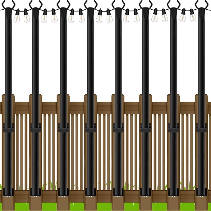 5Ft String Light Poles 8 Pack,Light Poles for Outside Lights,Outdoor with Fence Brackets Hanging Lights,Metal Stand Deck Patio Backyard