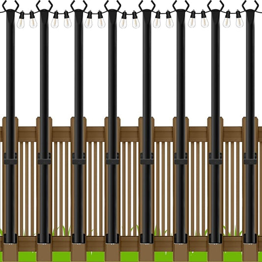 5Ft String Light Poles 8 Pack,Light Poles for Outside Lights,Outdoor with Fence Brackets Hanging Lights,Metal Stand Deck Patio Backyard