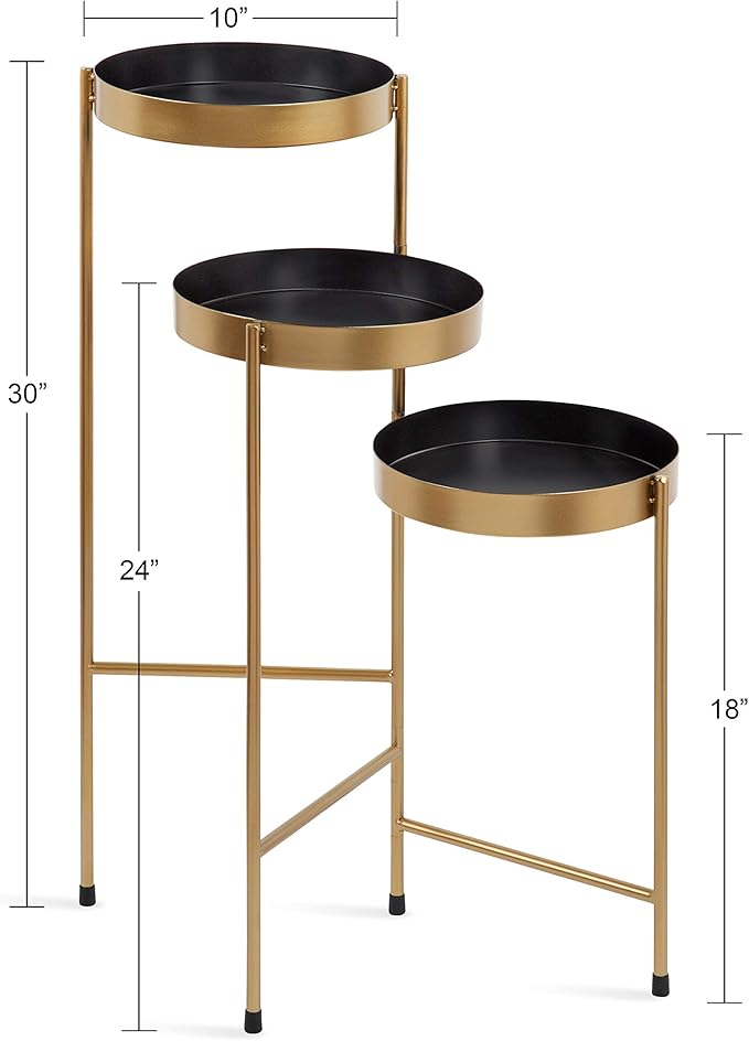 Kate and Laurel Finn Tri-Level Metal Plant Stand, Black and Gold, Decorative Hinged Tray Stand Display