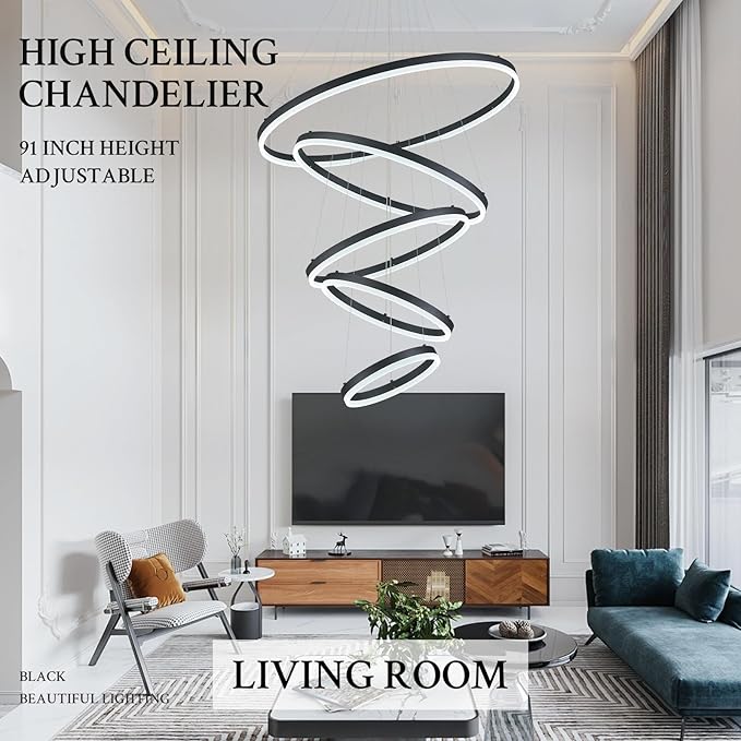 5-Rings D31.5’’ Modern LED Chandelier Black Dimmable High Ceiling Chandeliers Foyer with Remote Control for Entryway Living Room Dining Room Staircase, 3000K-6500K