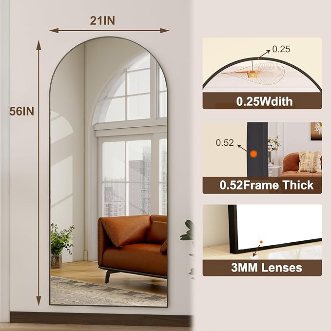 HARRITPURE 56"x21"Full Length Mirror Arch Floor Mirrors with Aluminum Alloy Frame Free-Standing Wall Mounted or Leaning Large Bedroom Dressing Mirror Modern & Contemporary Decor for Home,Black