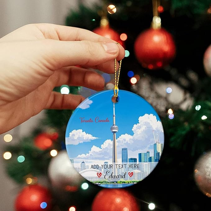 Customized Text/Name CN Tower Toronto Christmas Tree Ornament 2025, Personalized Toronto Ontario Canada Xmas Ceramic Ornament, Toronto City Skyline Travel Souvenir Keepsake Gifts for Family Friends