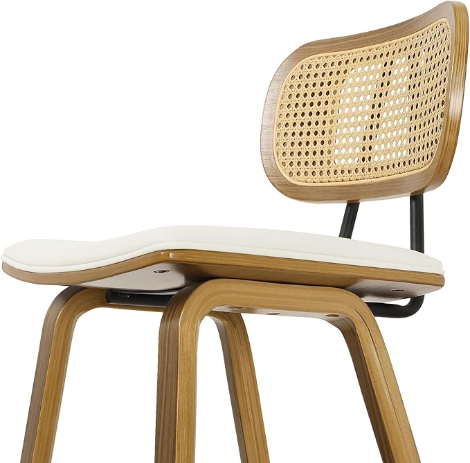 Counter Height Bar Stools Set of 2, Mid Century Modern Counter Stools, 26" Wood Kitchen Stool PU Leather Upholstered Barstool with Rattan Back, Counter Height Island Dining Bar Chair, Cream White