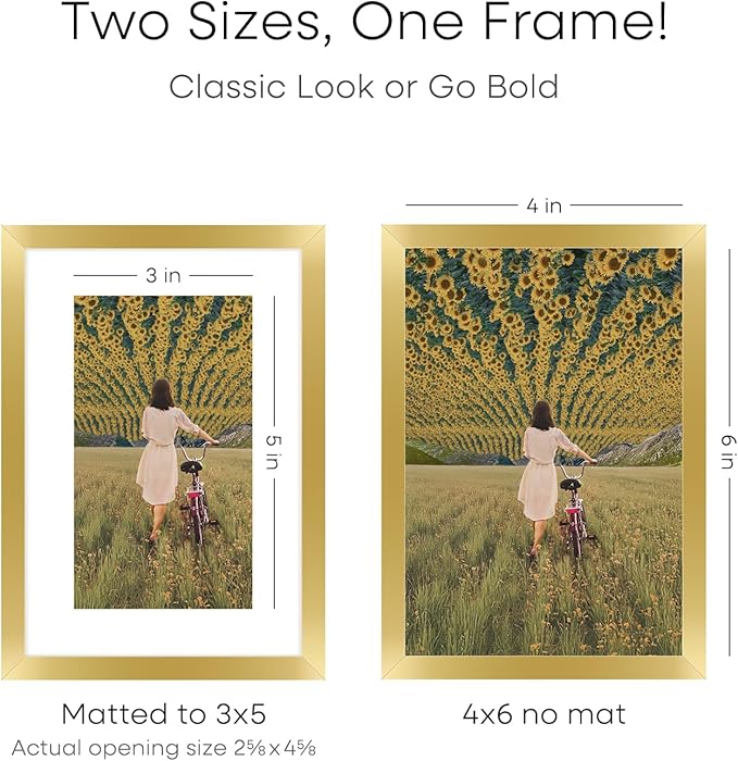 Homeforia 4x6 Picture Frame Gold, High End Metal 4 x 6 Gold Frames with Mat 3 x 5 for Print, 4by6 Desk Frame Matted to 3x5 inch Photo, 4 by 6 Wall or Tabletop Frame, Tempered Glass, Wall Kit, Set of 2