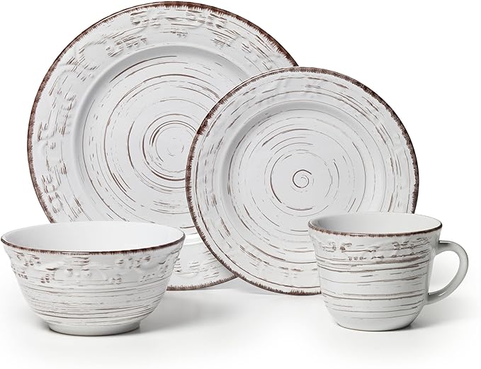 Pfaltzgraff Trellis White 16-Piece Stoneware Dinnerware Set, Service for 4, Distressed White Finish, Microwave & Dishwasher Safe Plates and Bowls