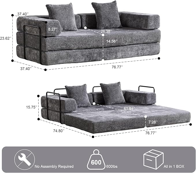 Convertible Floor Sofa Bed with Fixed-Shape Frame, Modular Chenille Folding Mattress Couch with Armrest, Floor Sofa Lounge Couch for Living Room Bedroom Lounge Studio,Dark Grey
