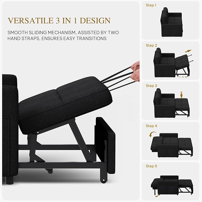 DWVO 55" Convertible Sofa Bed, 3-in-1 Sleeper Sofa with Pull-Out Bed, Linen Futon Couch with Adjustable Backrest and Side Pocket, Modern Loveseat for Living Room Apartment, Balck
