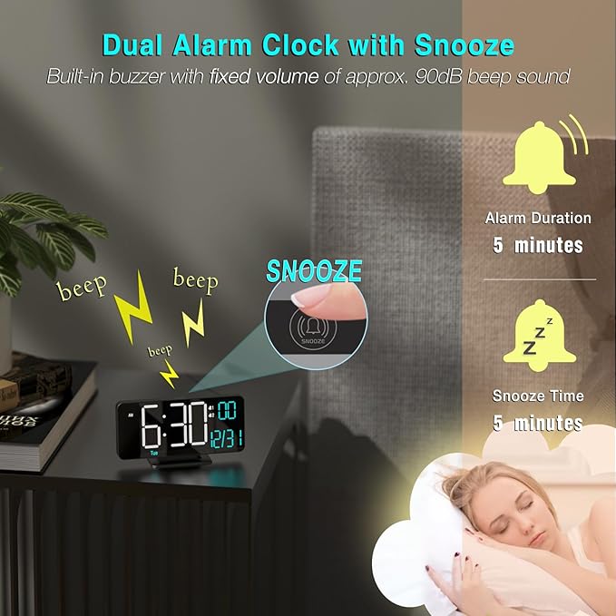 KOSUMOSU Digital Clock for Bedroom 6.7in Small Digital Alarm Clock Black, Dimming,12/24h,Date,Day of Week, Indoor Temperature,Desk Clocks for Classroom, LED Clocks for Living Room, Digital Calendar