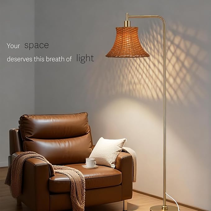 Floor Lamp,67" Modern Vintage Standing Lamp with Bamboo Weave Lampshade Metal Pole for Living Room, Bedroom, Office - Heavy Base,Pedal Switch(Include E26 Bulb)